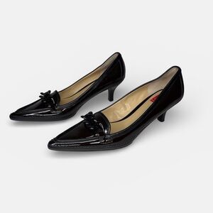 Womens Black Chain Accessorized Patent Loafer High Heel Shoes Size 7